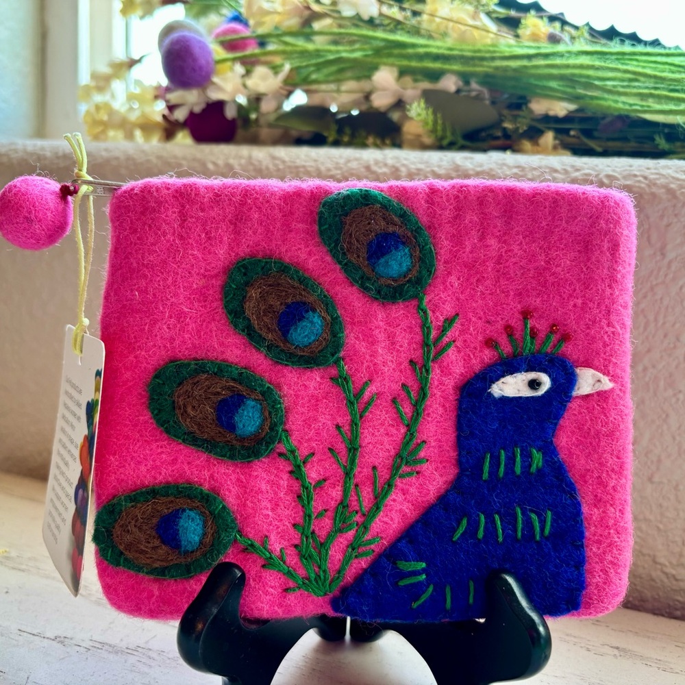 BNB zippered wool clutch with peacock